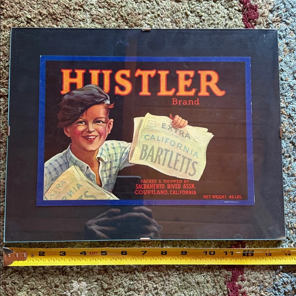 Hustler Brand California Bartletts crate label vintage newsboy framed 14x11